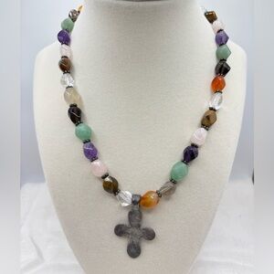 Multicolor Gemstone Necklace with Cross Pendant